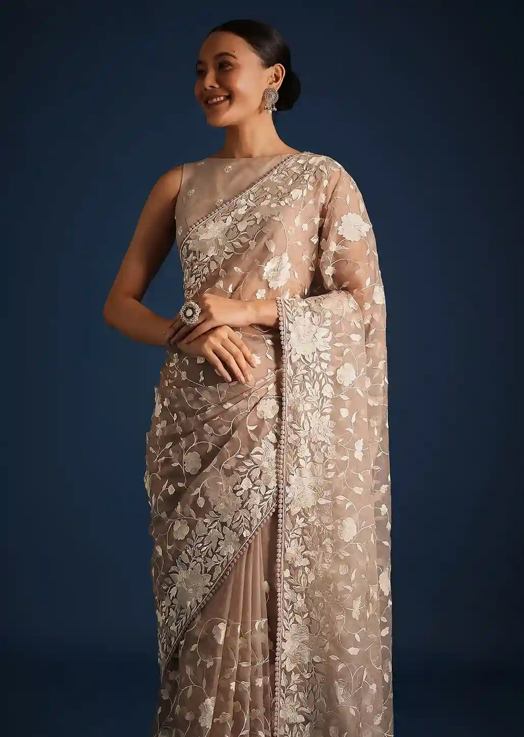 Heritage Yield Beige & Cream Floral Embroidered Saree