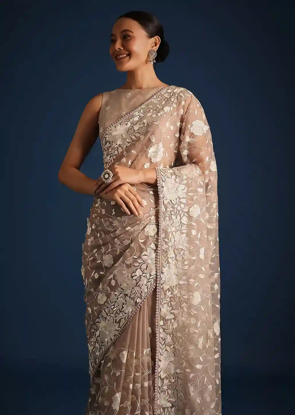 Heritage Yield Beige & Cream Floral Embroidered Saree