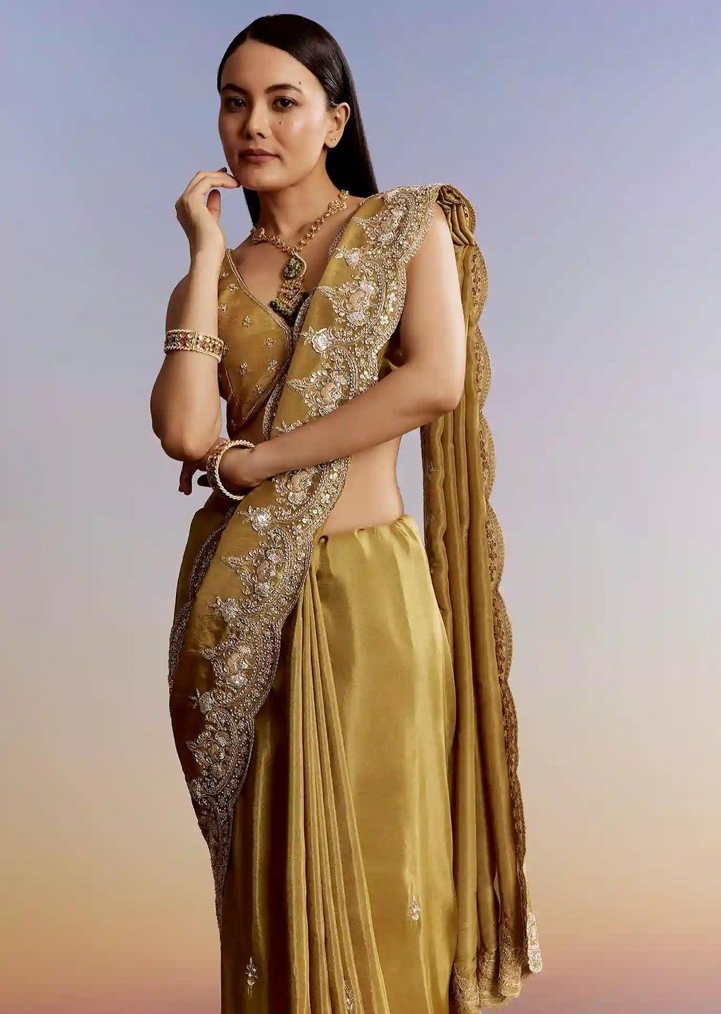 Golden Yield Crush Tissue Saree with Gota Zari & Bead Embroidery – Couture Meets Capital