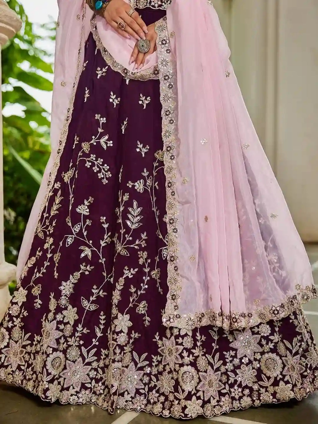 Luxury Burgundy Organza Bridal Lehenga Choli with Baby Pink Dupatta