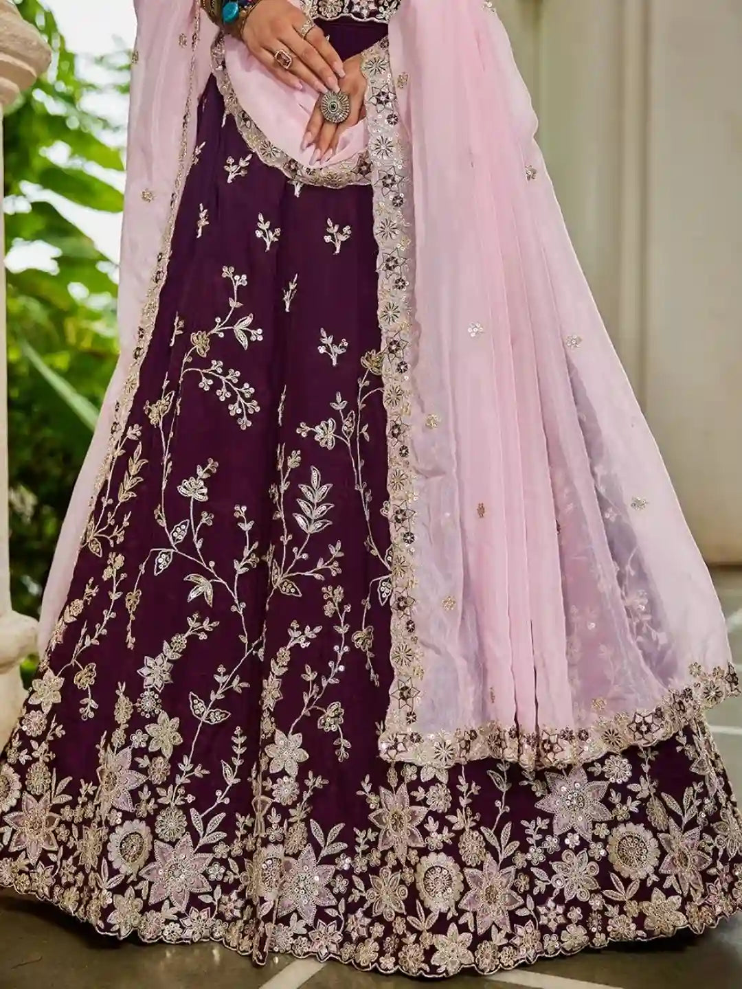 Luxury Burgundy Organza Bridal Lehenga Choli with Baby Pink Dupatta