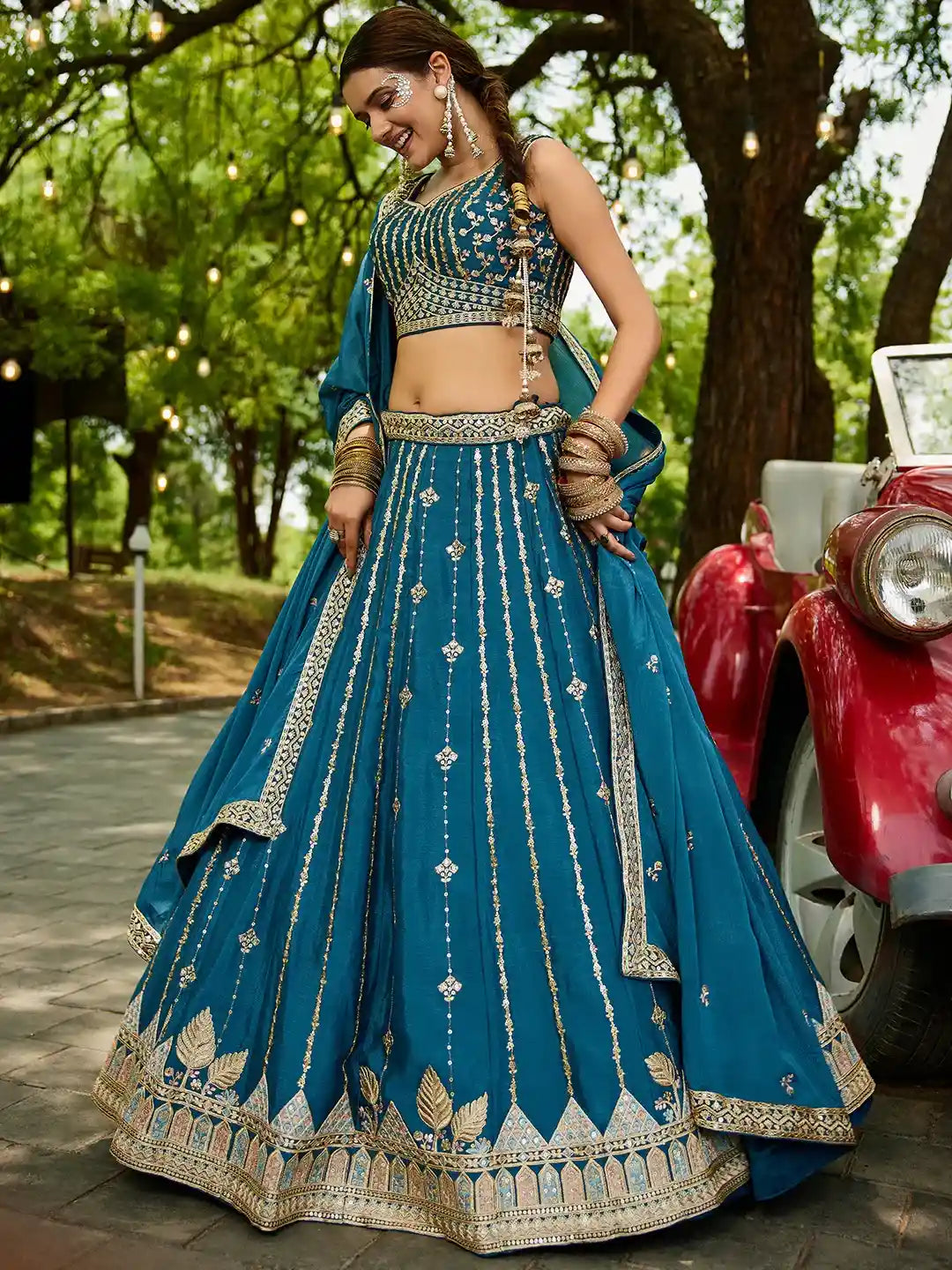 Elegant Teal Blue Embroidered Lehenga Choli Set – Radiate Grace and Grandeur