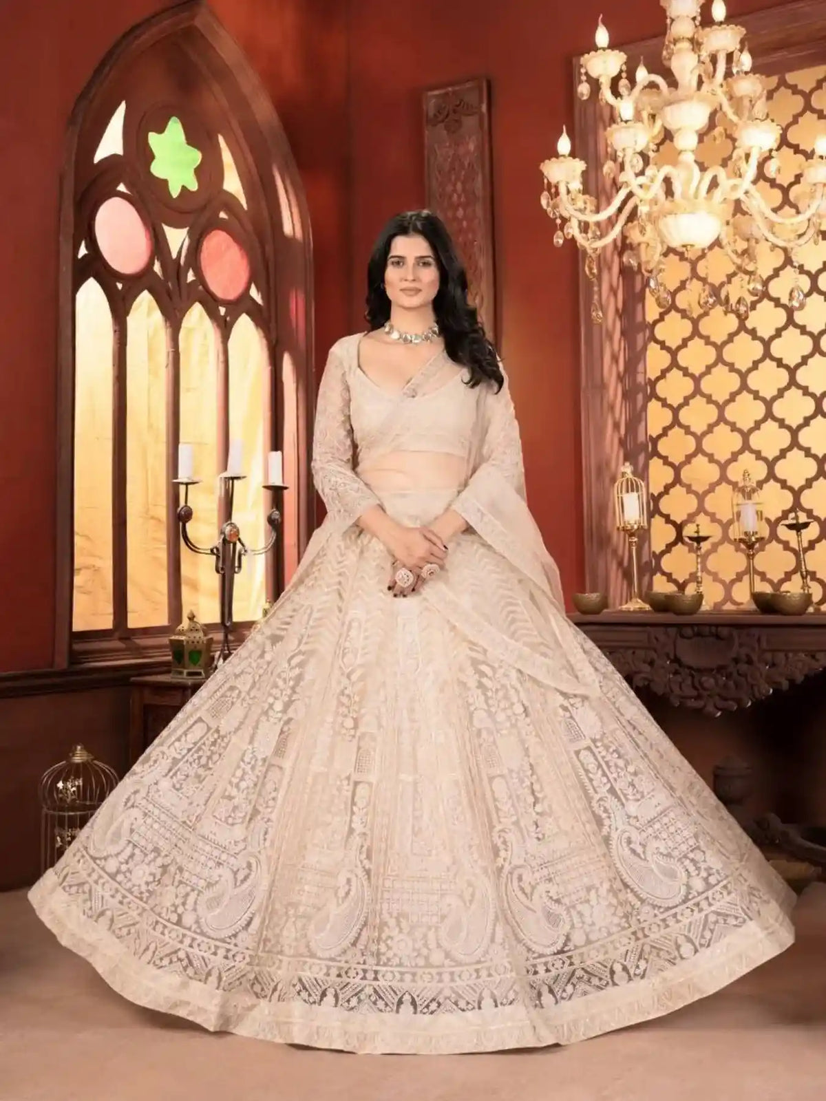 Dazzling Beige Thread Work Net Lehenga Choli – US Trend Luxury Wedding Couture