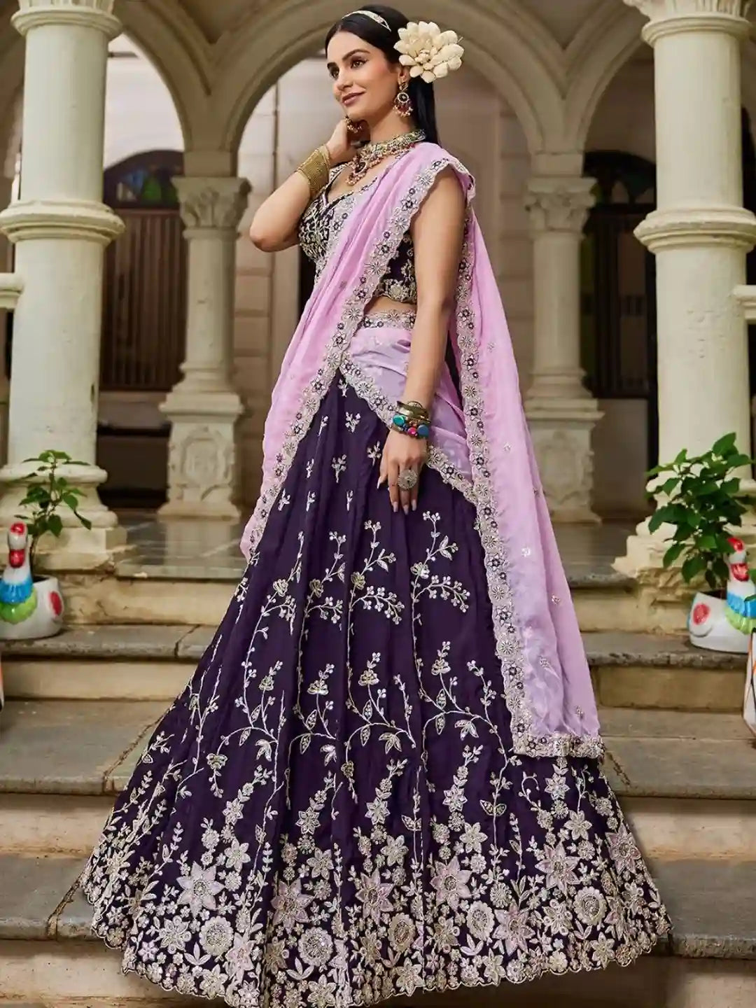 Royal Burgundy Organza Embroidered Lehenga Choli with Baby Pink Dupatta