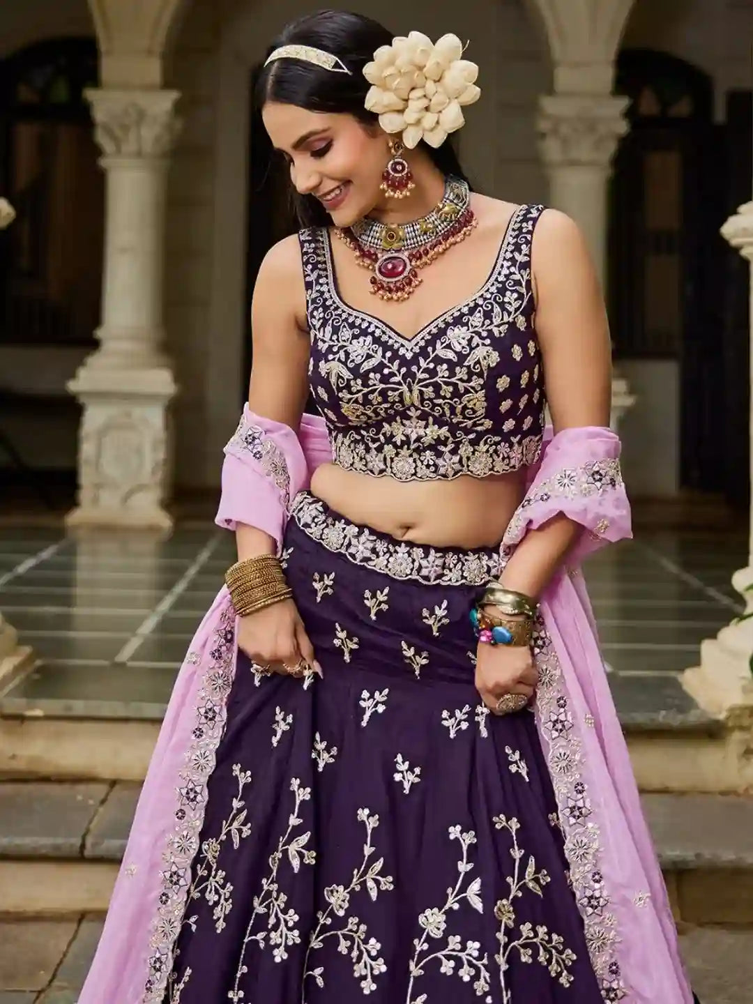 Royal Burgundy Organza Embroidered Lehenga Choli with Baby Pink Dupatta