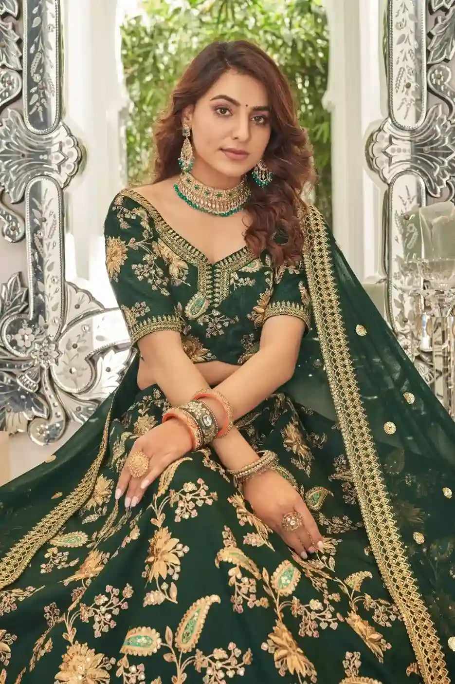 Emerald Green & Gold Embroidered Art Silk Lehenga Choli