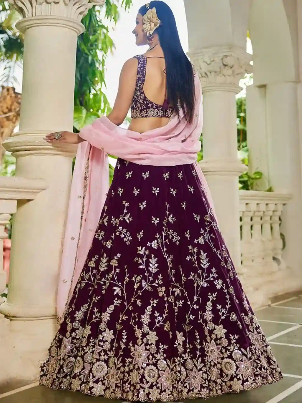 Luxury Burgundy Organza Bridal Lehenga Choli with Baby Pink Dupatta