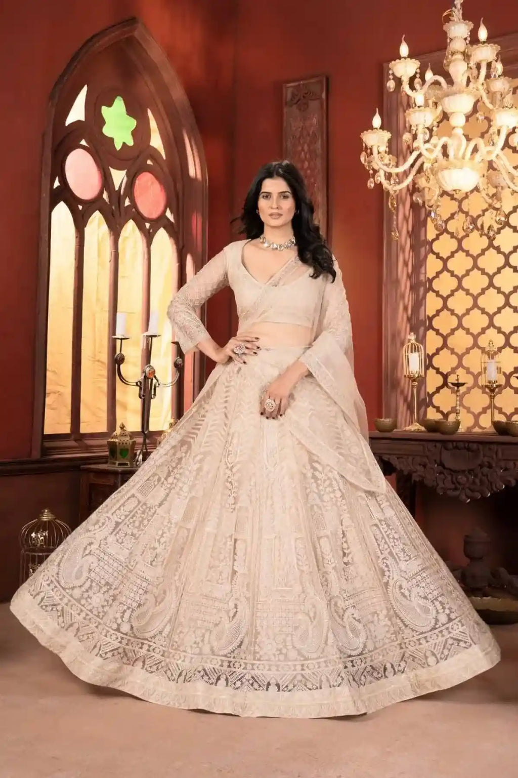 Dazzling Beige Thread Work Net Lehenga Choli – US Trend Luxury Wedding Couture