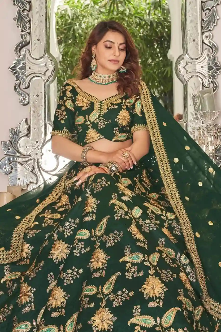 Emerald Green & Gold Embroidered Art Silk Lehenga Choli