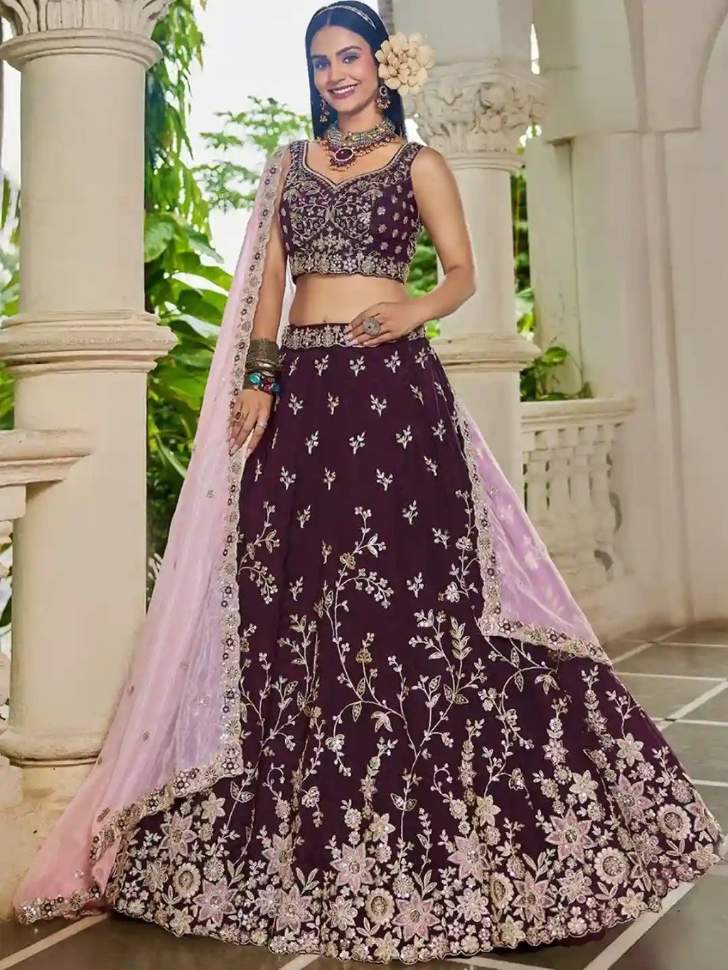 Luxury Burgundy Organza Bridal Lehenga Choli with Baby Pink Dupatta