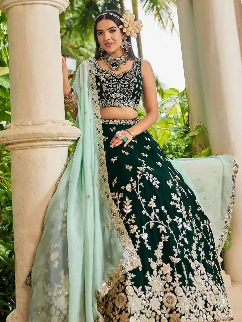 Emerald Green Organza Embroidered Lehenga Choli with Sky Blue Dupatta