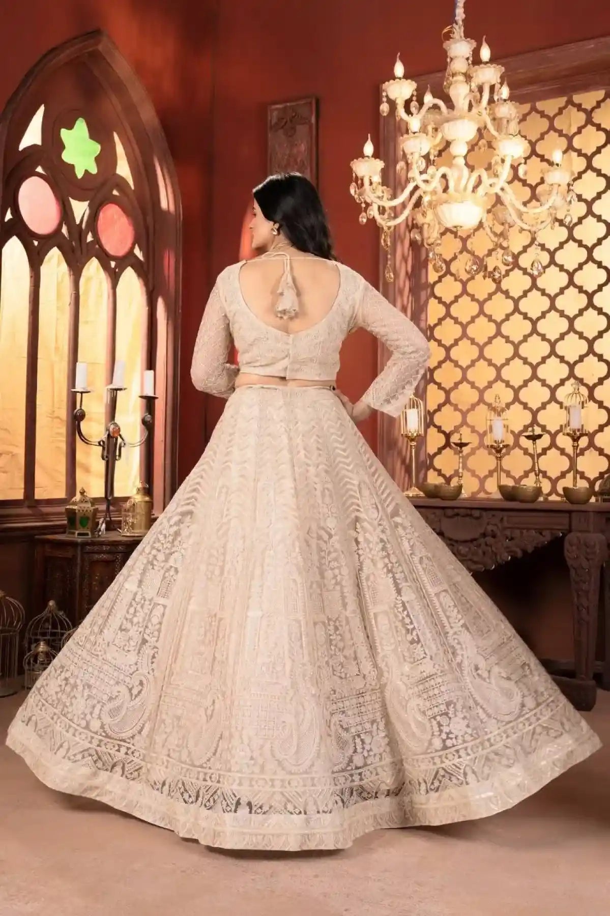 Dazzling Beige Thread Work Net Lehenga Choli – US Trend Luxury Wedding Couture
