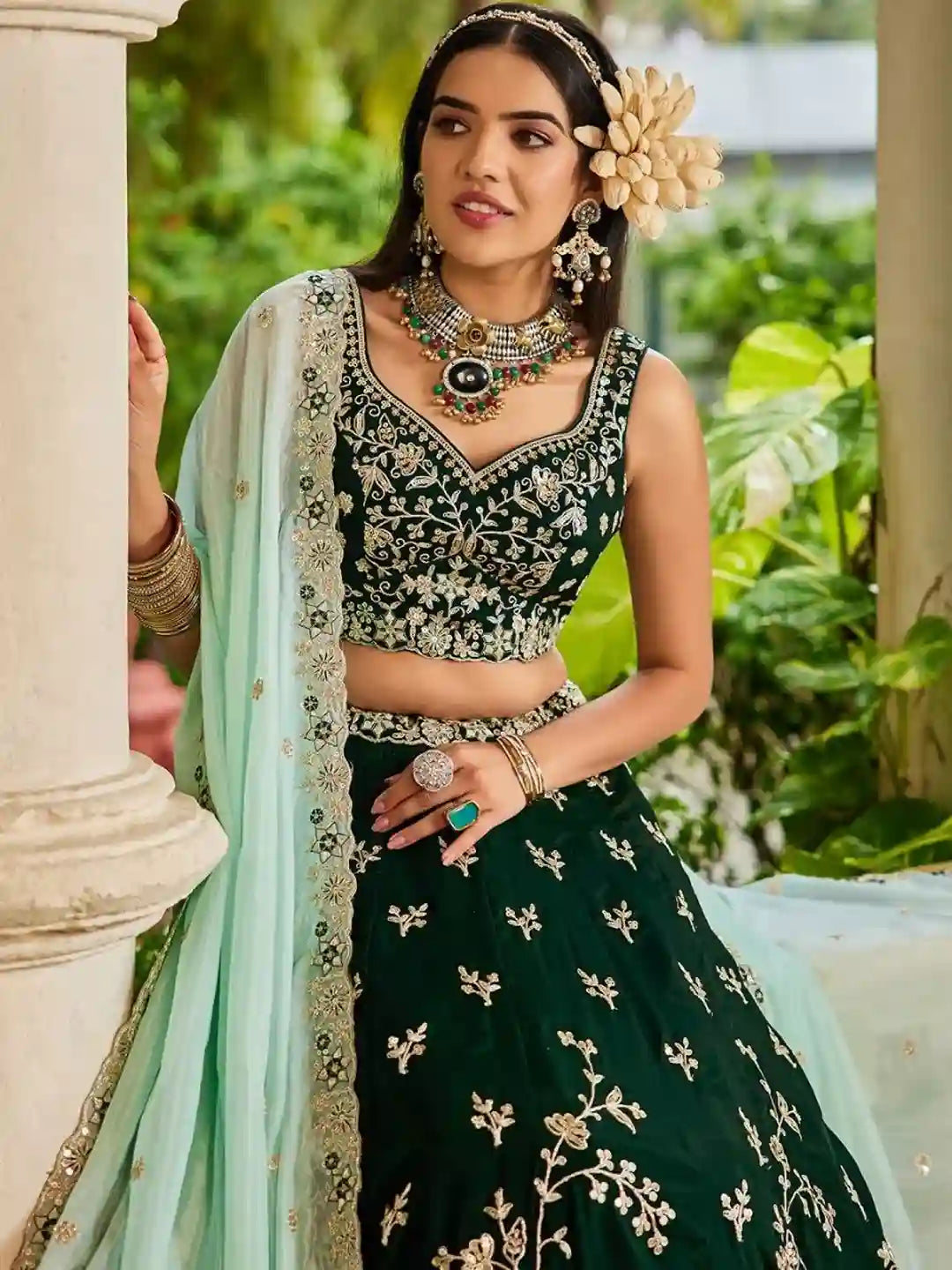 Emerald Green Organza Embroidered Lehenga Choli with Sky Blue Dupatta