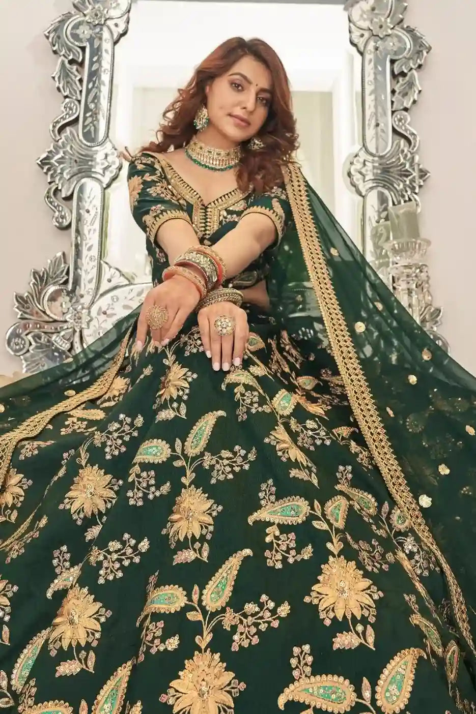Emerald Green & Gold Embroidered Art Silk Lehenga Choli