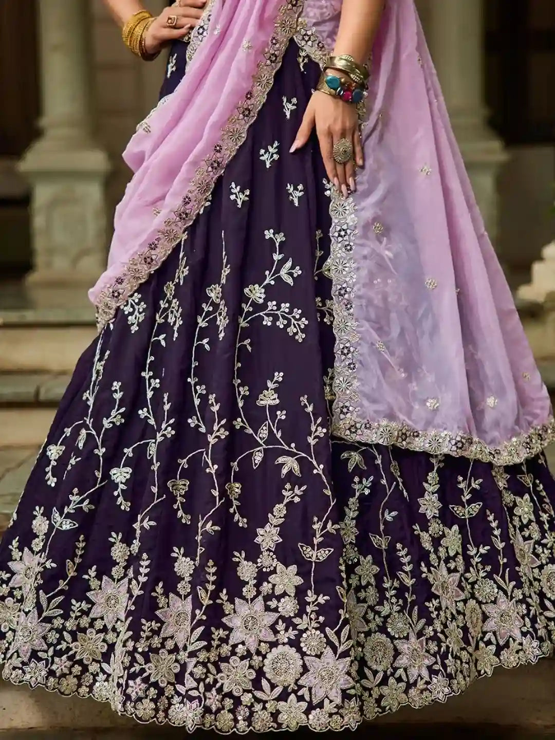 Royal Burgundy Organza Embroidered Lehenga Choli with Baby Pink Dupatta