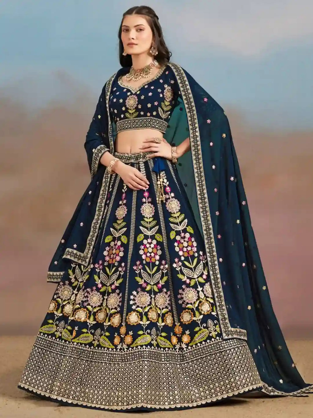 Royal Navy Blue Silk Bridal Lehenga Choli with Multicolor Floral Embroidery