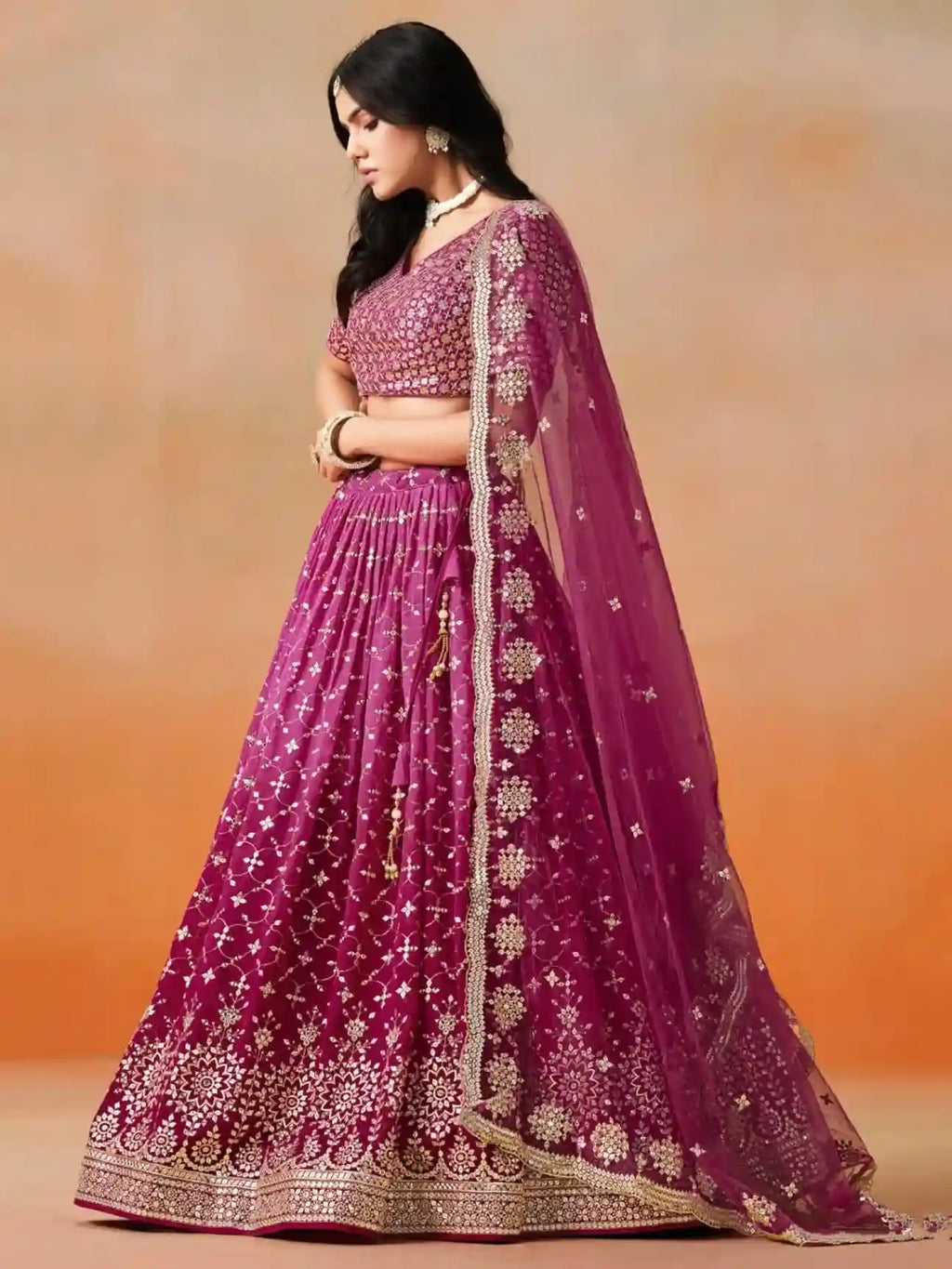 Ombre Red-Pink Georgette Lehenga Choli with Heavy Mirror & Sequin Embroidery