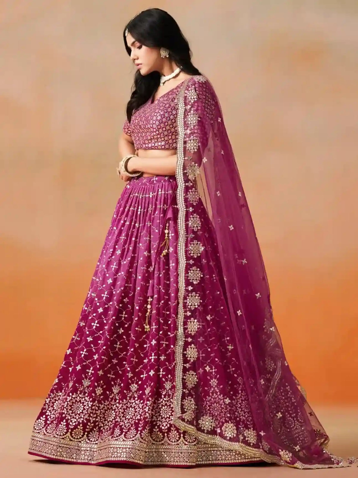 Ombre Red-Pink Georgette Lehenga Choli with Heavy Mirror & Sequin Embroidery