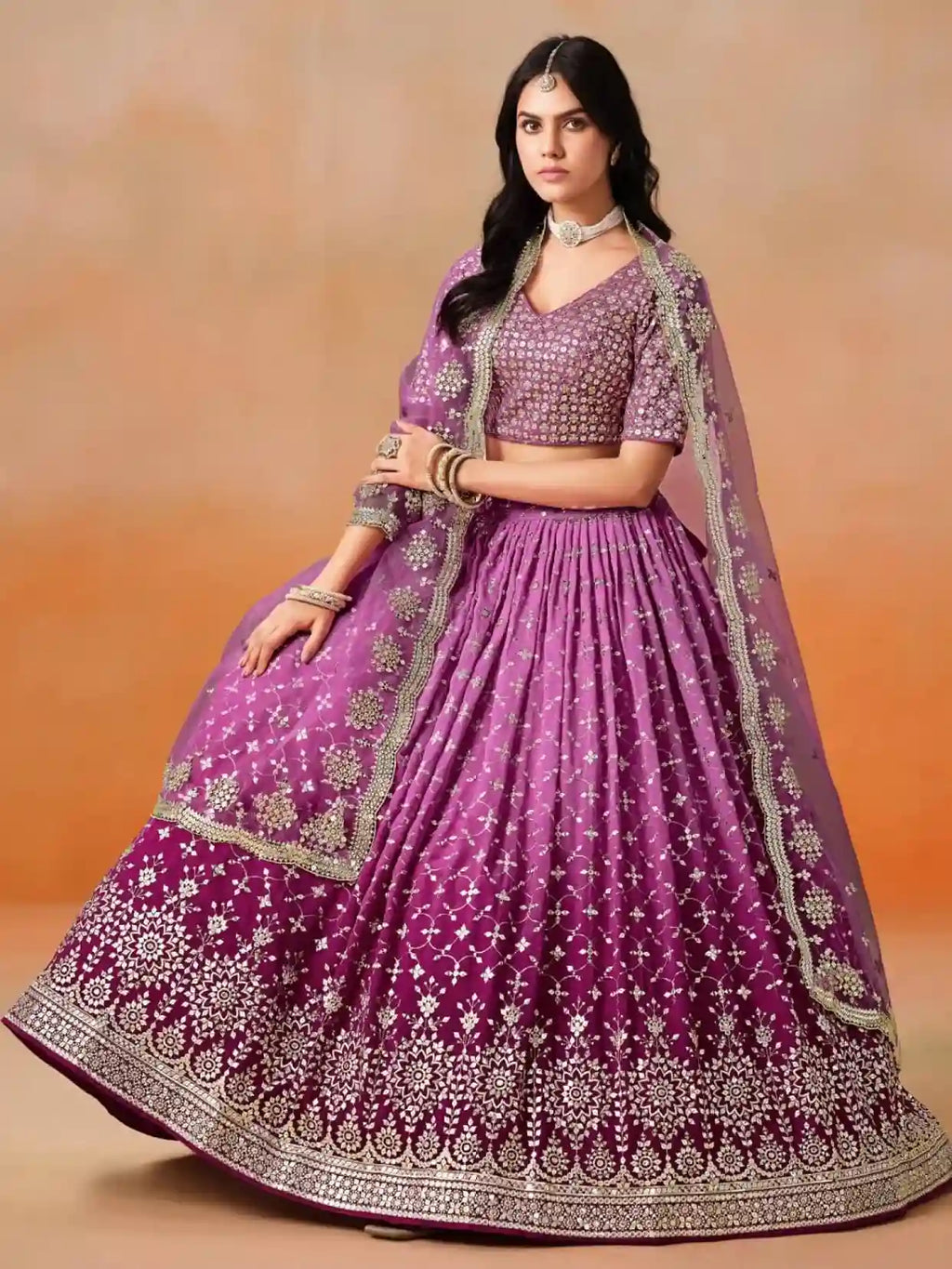 Bridal Rani Pink Ombre Georgette Lehenga Choli with Heavy Mirror & Sequin Work
