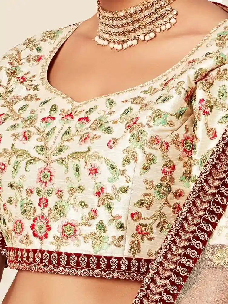 Off-White Embroidered Art Silk Lehenga Choli – A Blend of Grace and Grandeur
