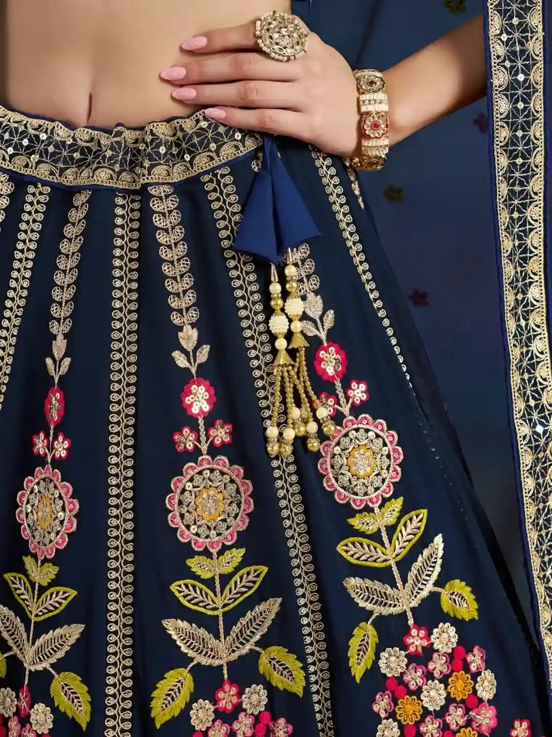 Royal Navy Blue Silk Bridal Lehenga Choli with Multicolor Floral Embroidery
