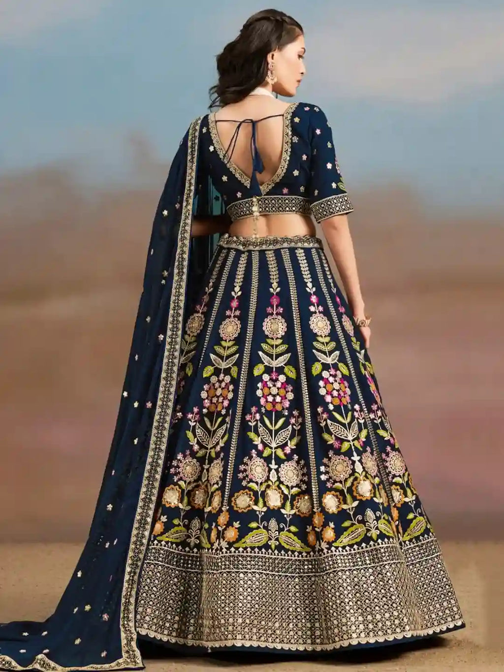 Royal Navy Blue Silk Bridal Lehenga Choli with Multicolor Floral Embroidery