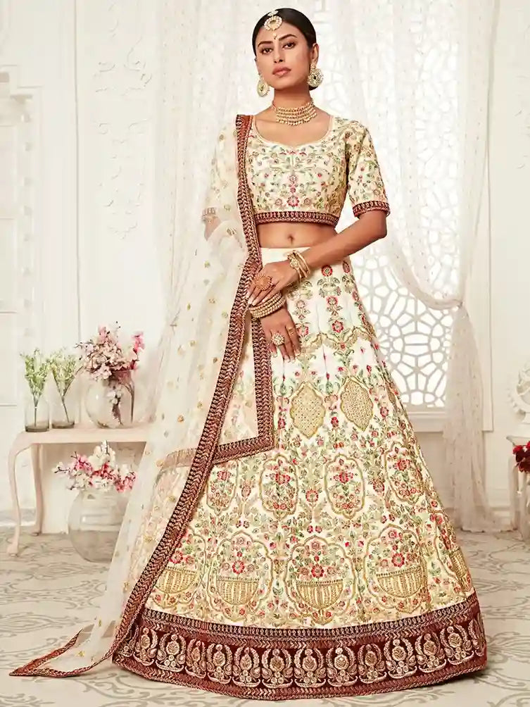Off-White Embroidered Art Silk Lehenga Choli – A Blend of Grace and Grandeur