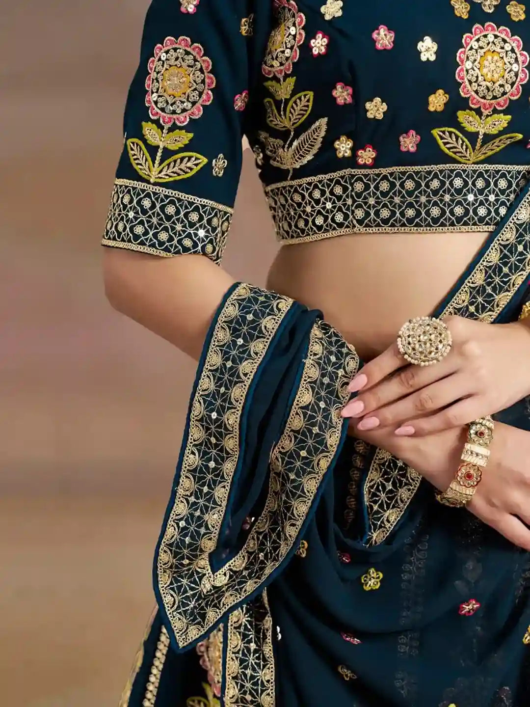 Royal Navy Blue Silk Bridal Lehenga Choli with Multicolor Floral Embroidery