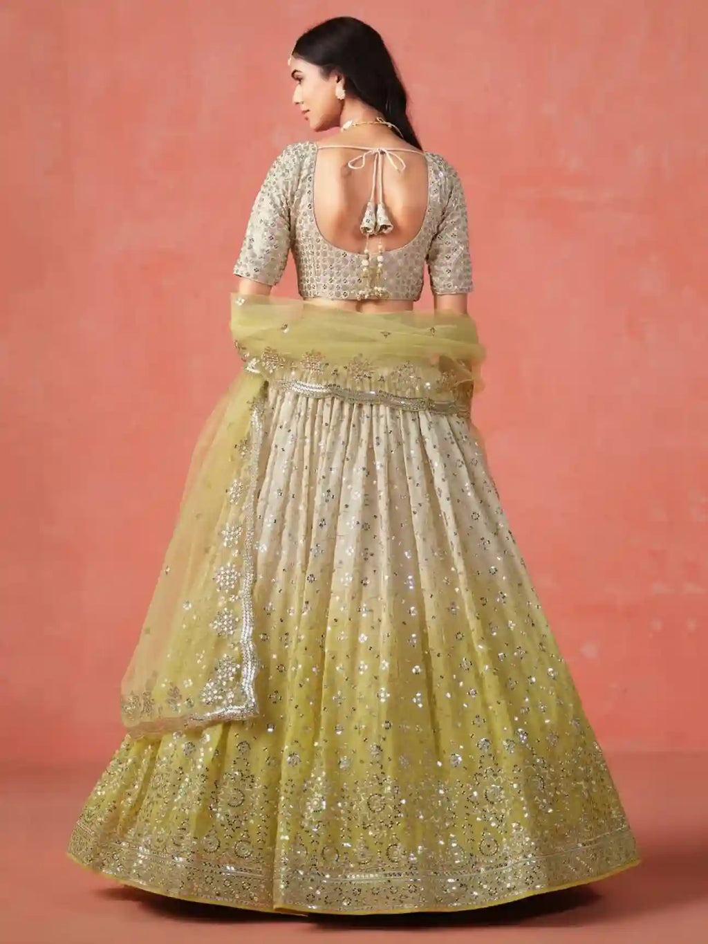 Soft Yellow-Beige Ombre Georgette Lehenga Choli with Mirror & Sequin Embroidery