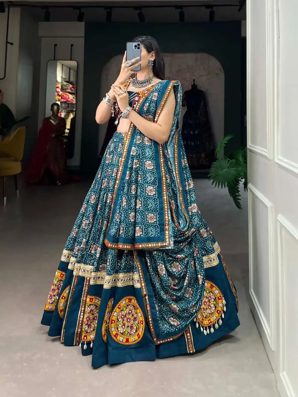 Traditional Navy Blue Bandhani Chaniya Choli with Mirror Work Embellishments