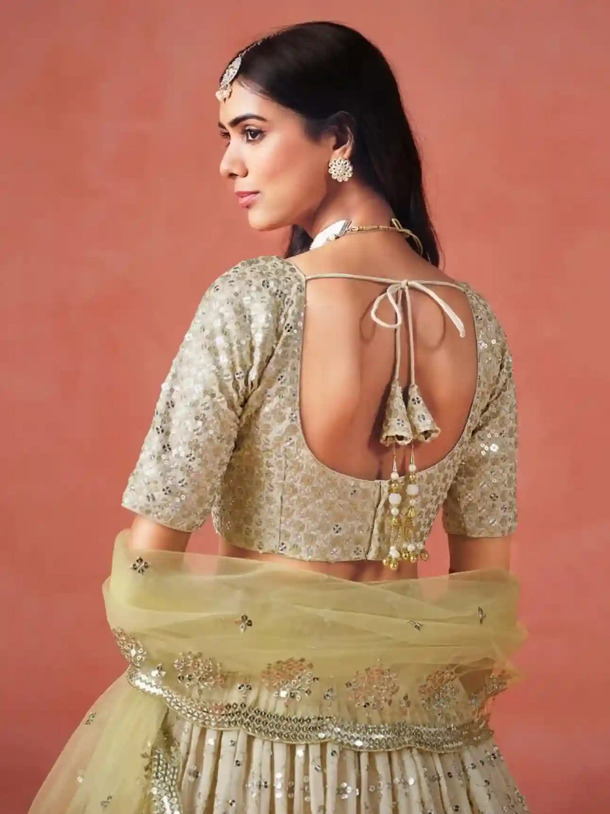Soft Yellow-Beige Ombre Georgette Lehenga Choli with Mirror & Sequin Embroidery