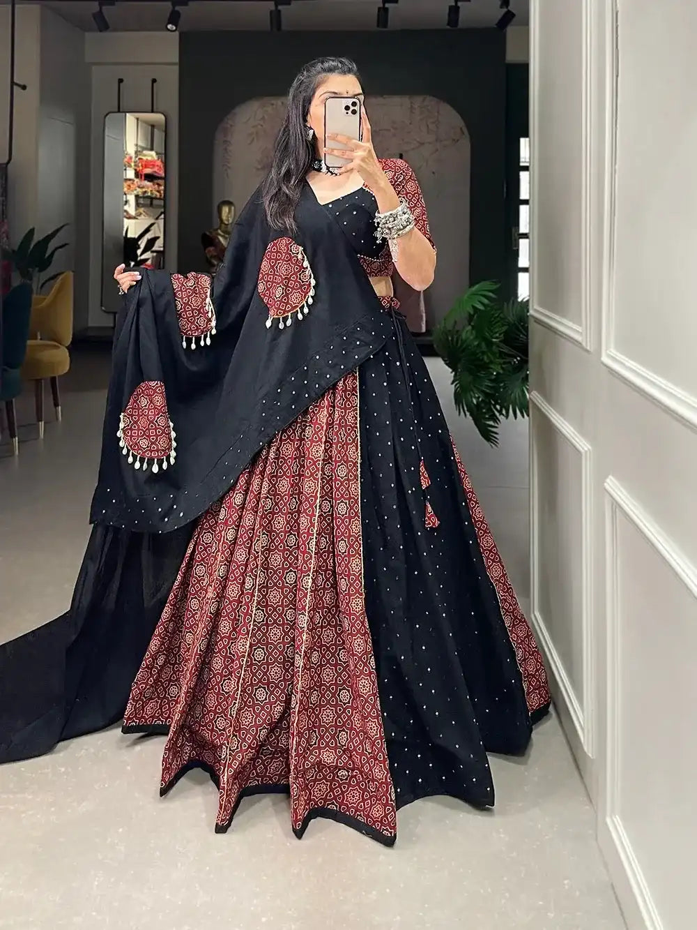 Black & Maroon Bandhani Print Chaniya Choli