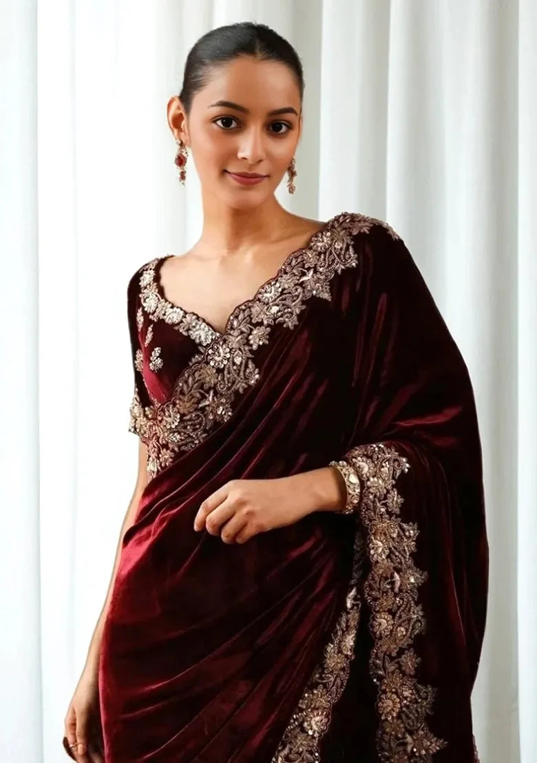 Maroon Velvet Saree with Gold Embroidery – Heritage Meets High Finance Elegance