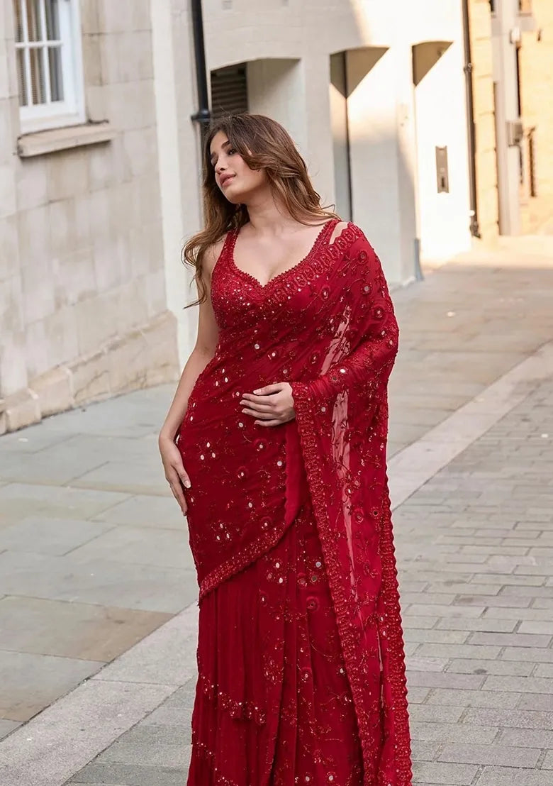 Red Embroidered Saree – Urban Royalty with a Global Trade Edge