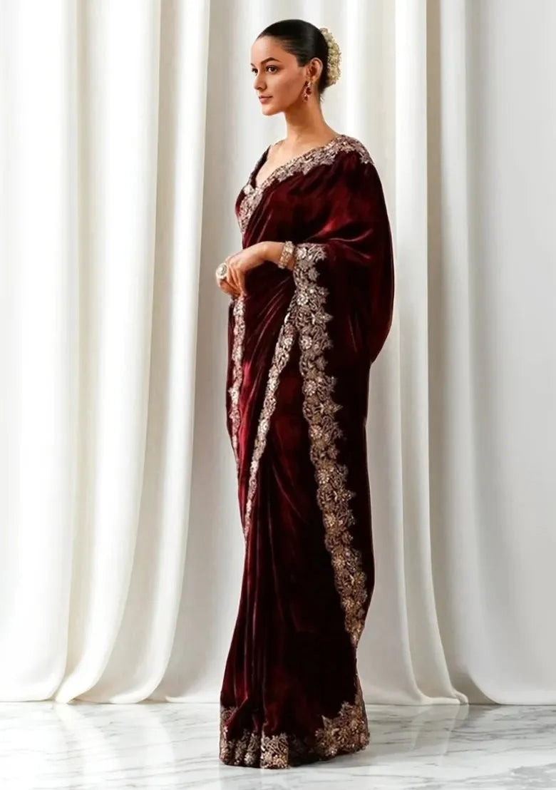 Maroon Velvet Saree with Gold Embroidery – Heritage Meets High Finance Elegance