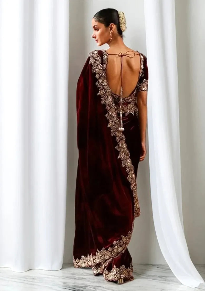 Maroon Velvet Saree with Gold Embroidery – Heritage Meets High Finance Elegance