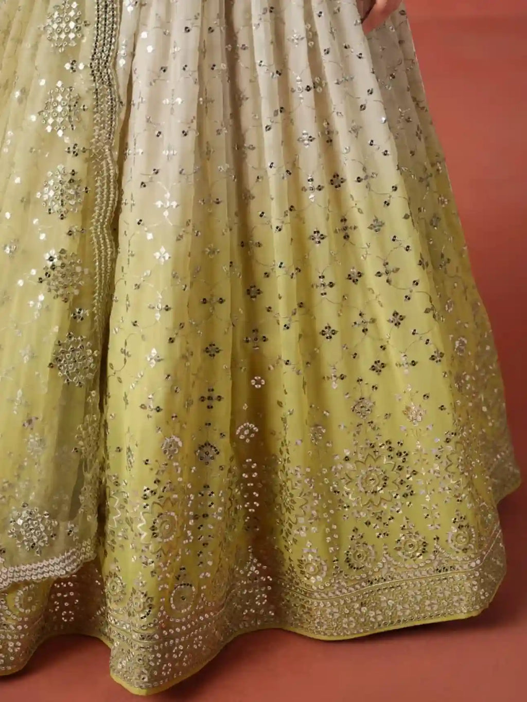 Soft Yellow-Beige Ombre Georgette Lehenga Choli with Mirror & Sequin Embroidery
