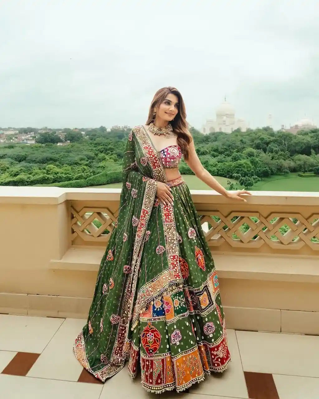 Green Mirror Work Embroidered Navratri Lehenga Choli Set with Designer Dupatta