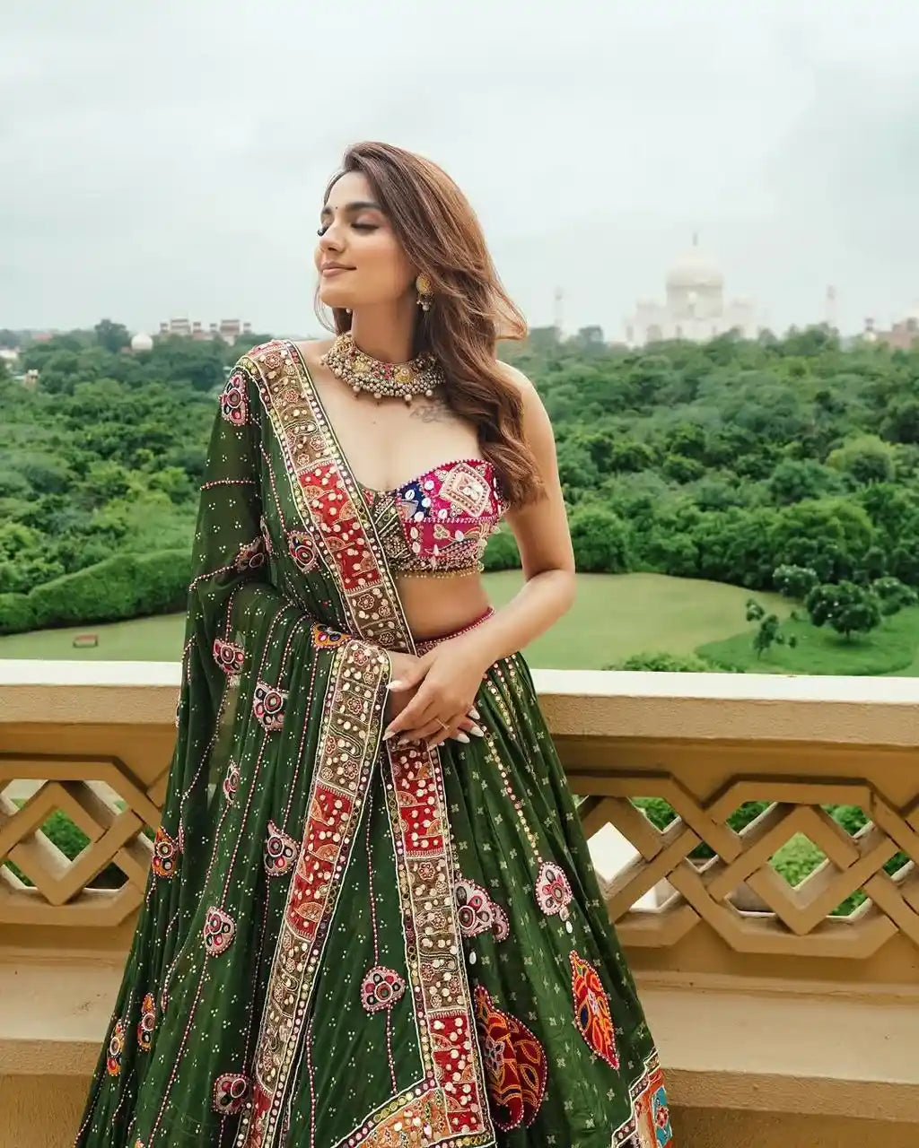 Green Mirror Work Embroidered Navratri Lehenga Choli Set with Designer Dupatta