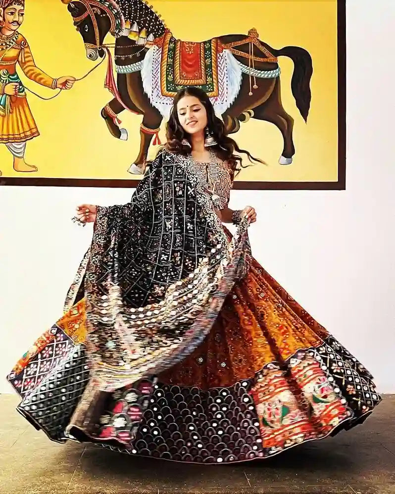 Midnight Marigold Chaniya Choli – Mirrorwork Magic, Folk Elegance