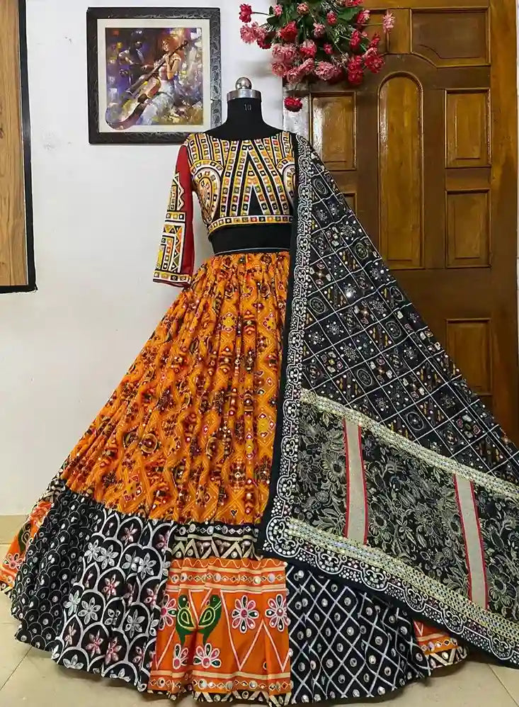 Midnight Marigold Chaniya Choli – Mirrorwork Magic, Folk Elegance