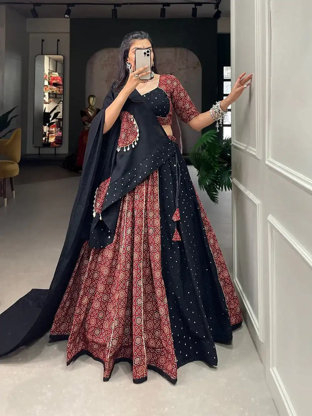 Black & Maroon Bandhani Print Chaniya Choli