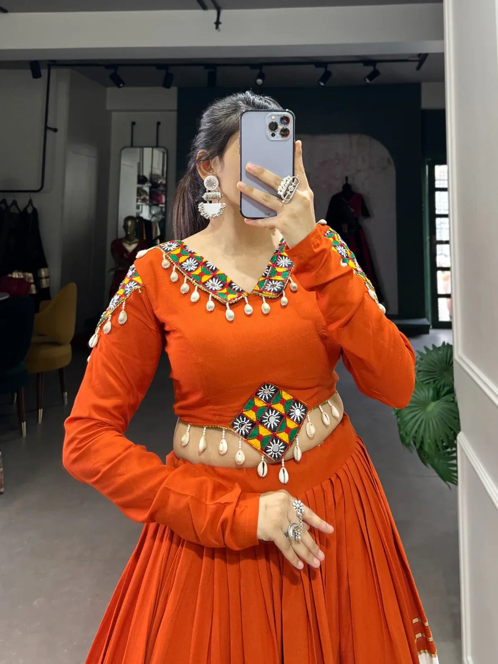 Designer Orange & White Chaniya Choli with Mirror & Thread Embroidery