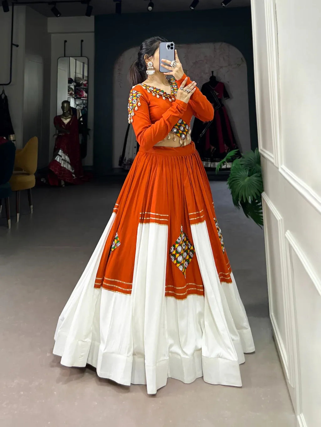 Designer Orange & White Chaniya Choli with Mirror & Thread Embroidery