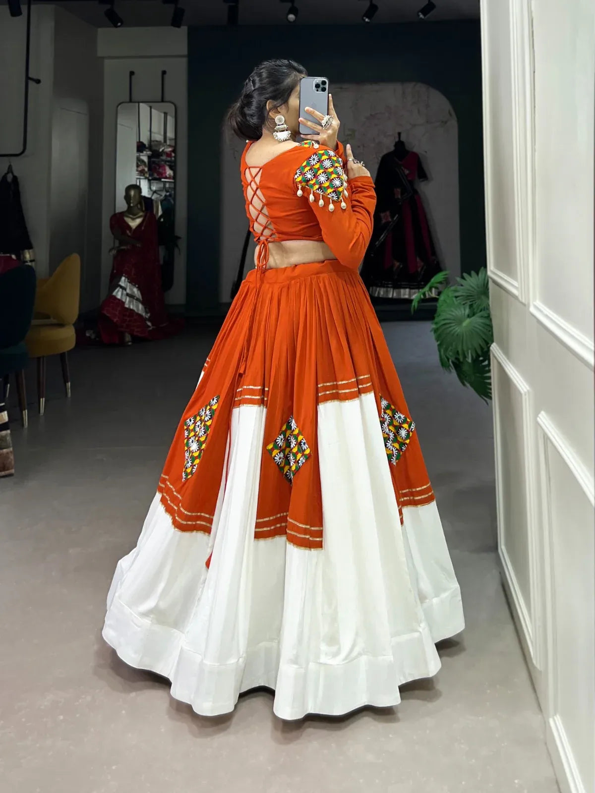 Designer Orange & White Chaniya Choli with Mirror & Thread Embroidery