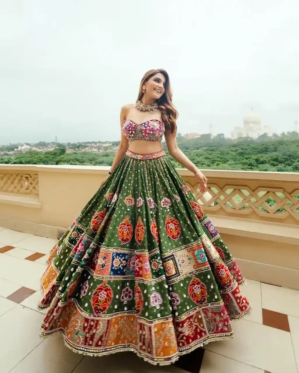 Green Mirror Work Embroidered Navratri Lehenga Choli Set with Designer Dupatta