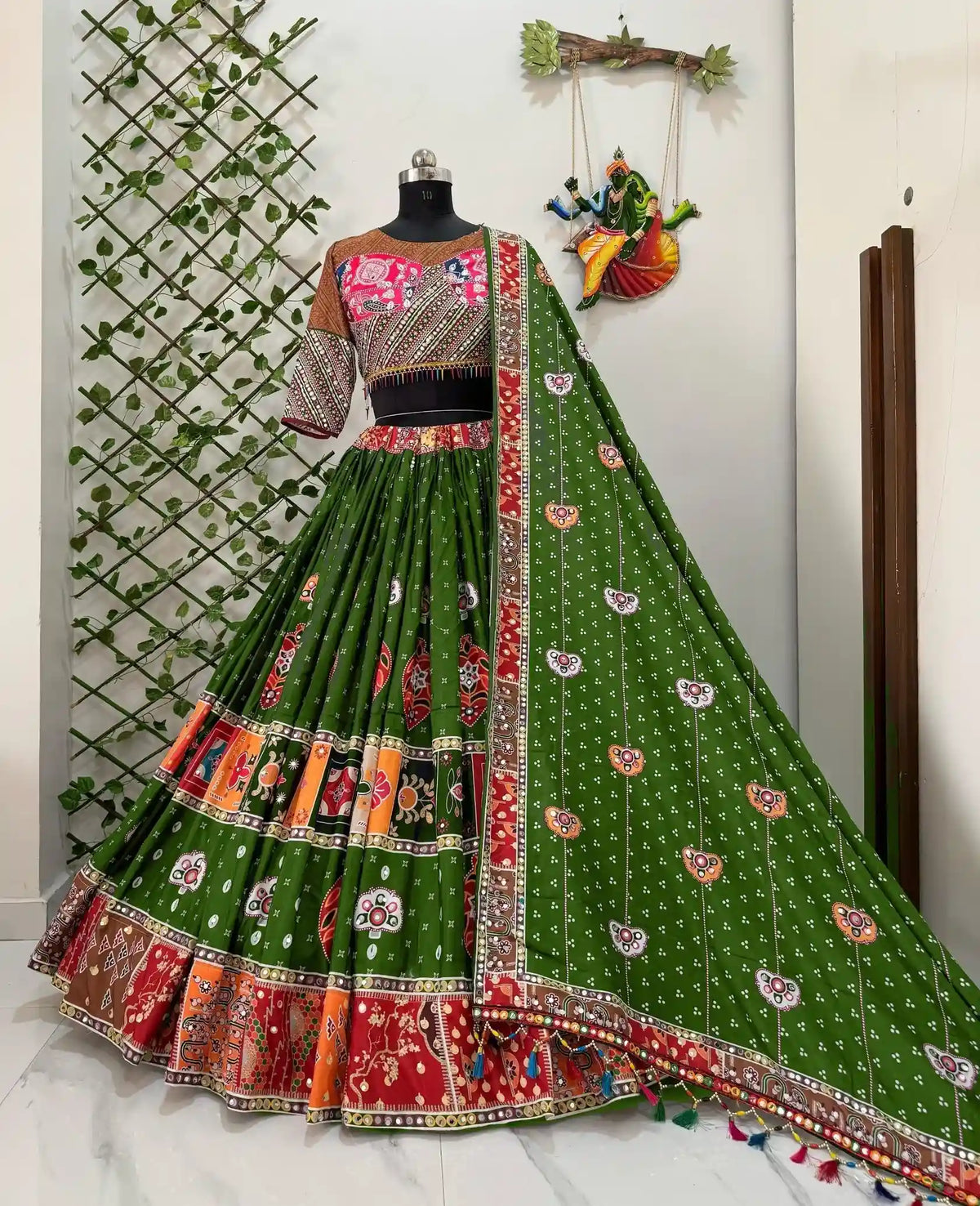 Green Mirror Work Embroidered Navratri Lehenga Choli Set with Designer Dupatta