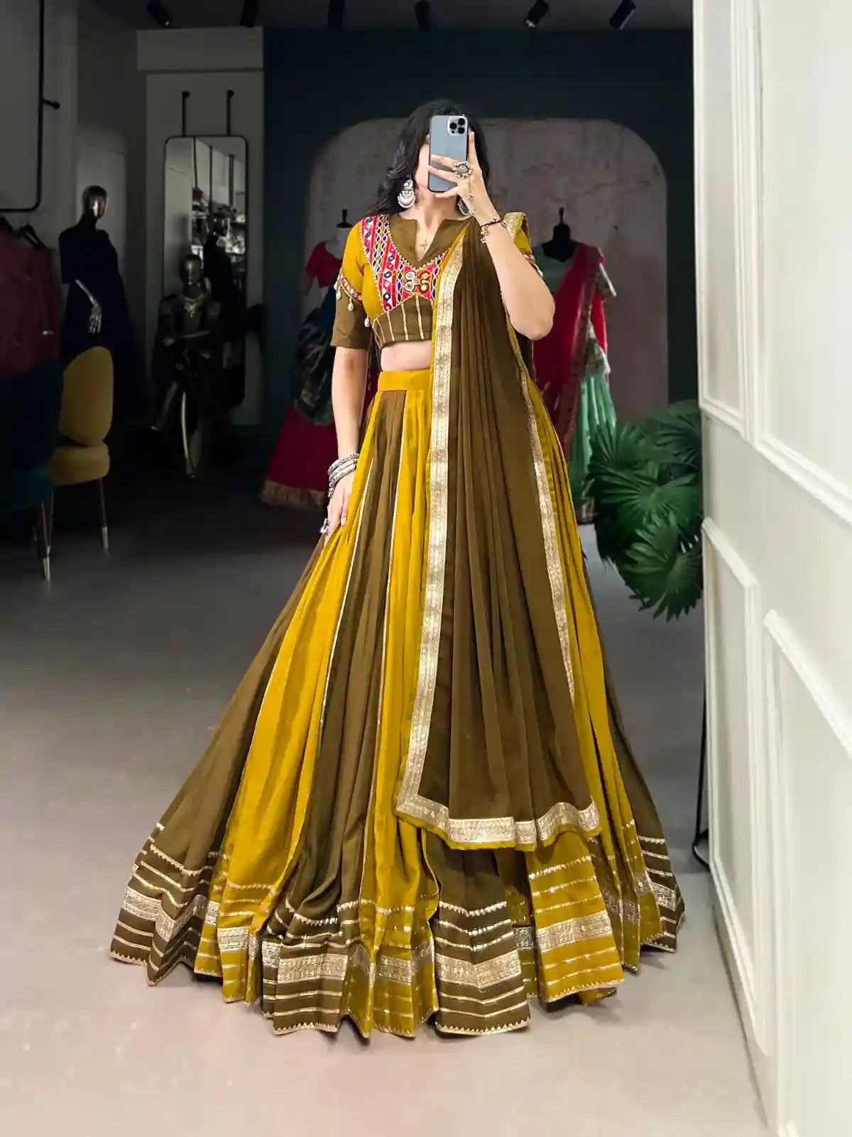 Dual Heritage Mustard & Olive Chaniya Choli – Tradition with a Global Statement
