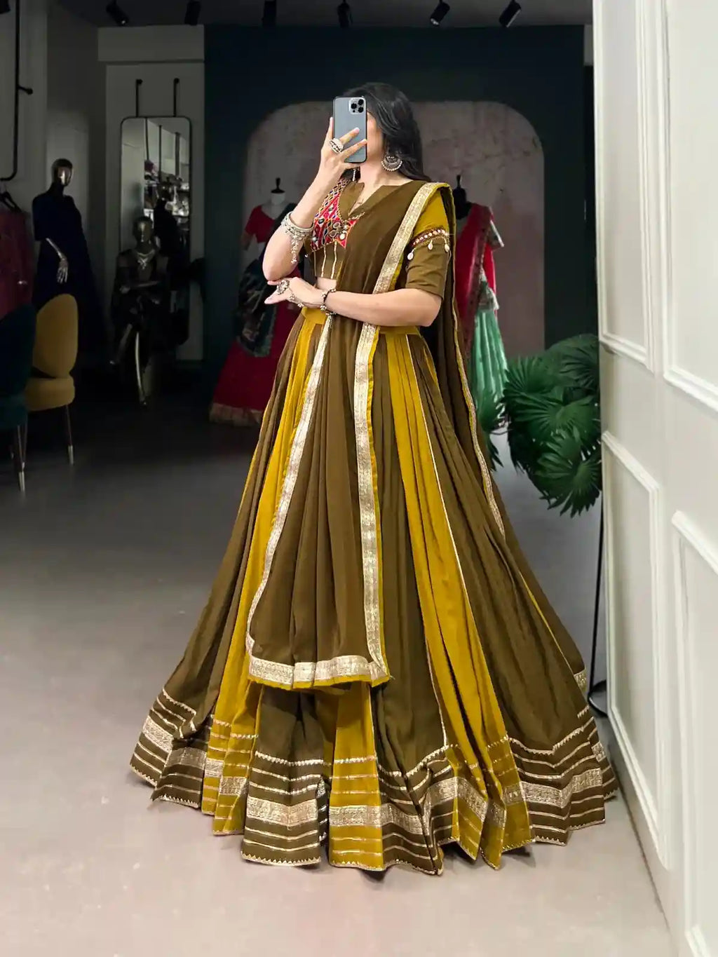 Dual Heritage Mustard & Olive Chaniya Choli – Tradition with a Global Statement