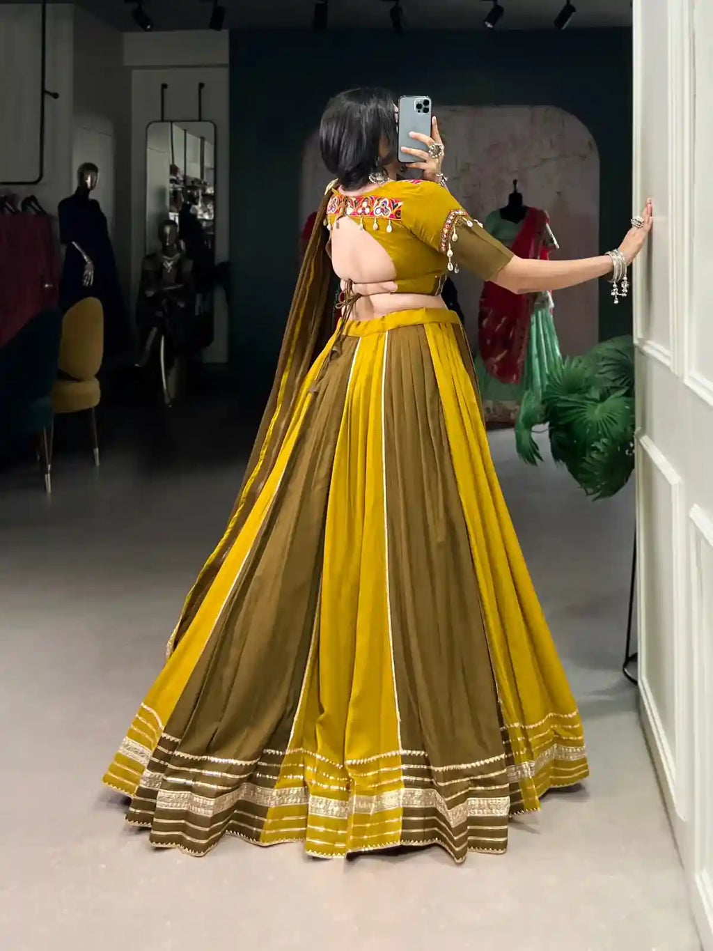 Dual Heritage Mustard & Olive Chaniya Choli – Tradition with a Global Statement